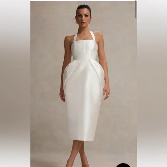 Club L London COSETTA
WHITE HALTER-NECK MIDI DRESS WITH TULIP SKIRT - Picture 10 of 10